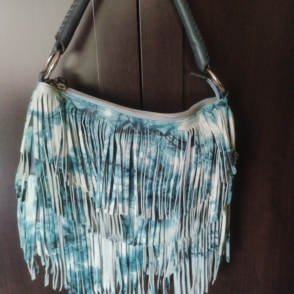 Sondra Roberts Fringed Hobo Bag in Teal and White-New!